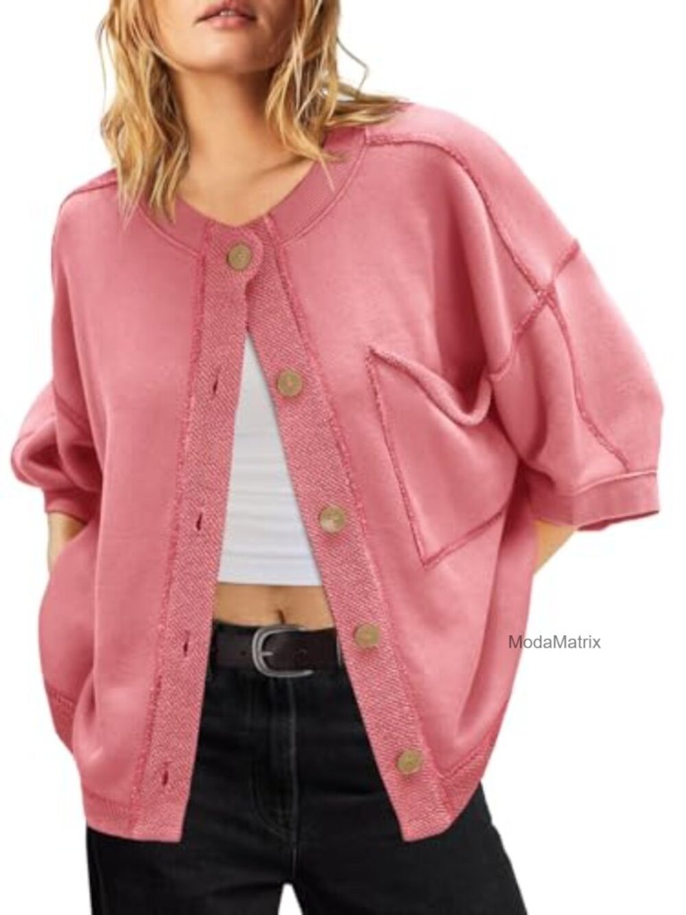 Womens Short Sleeve Sweatshirt Cardigan Lightweight Button Front Oversized